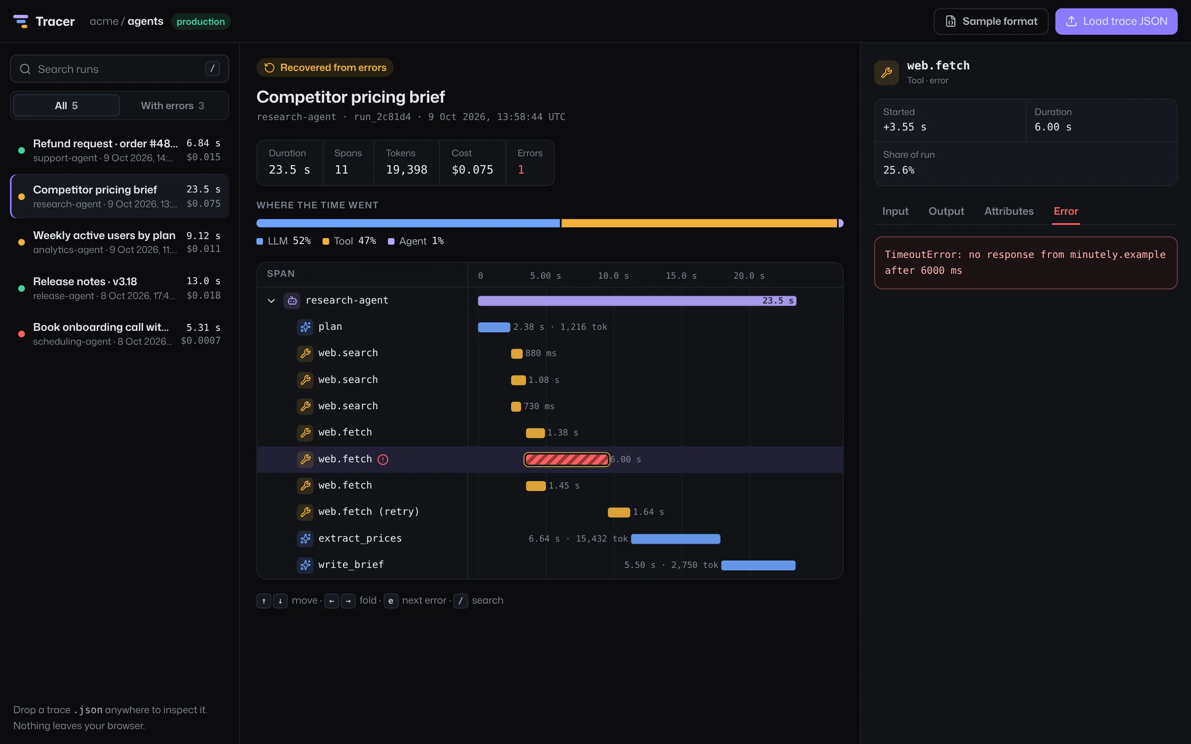 Tracer showing a failed tool call