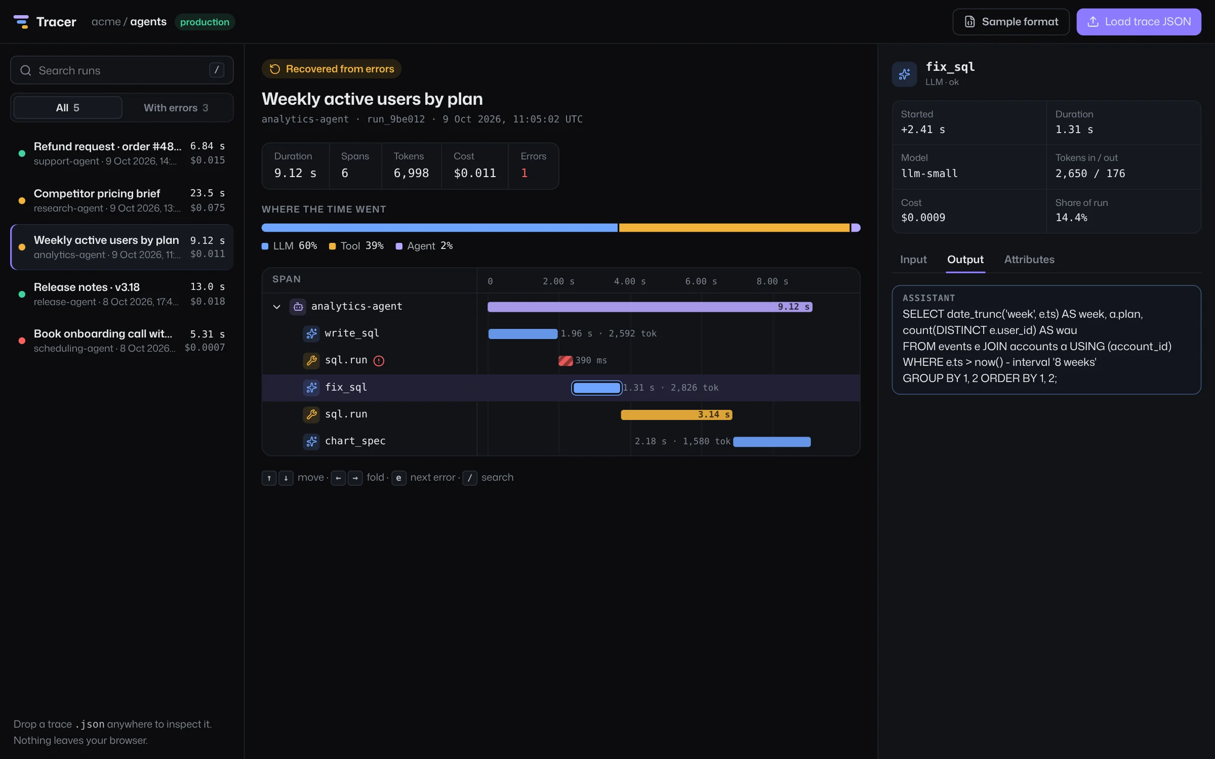 Tracer showing a SQL error and fix